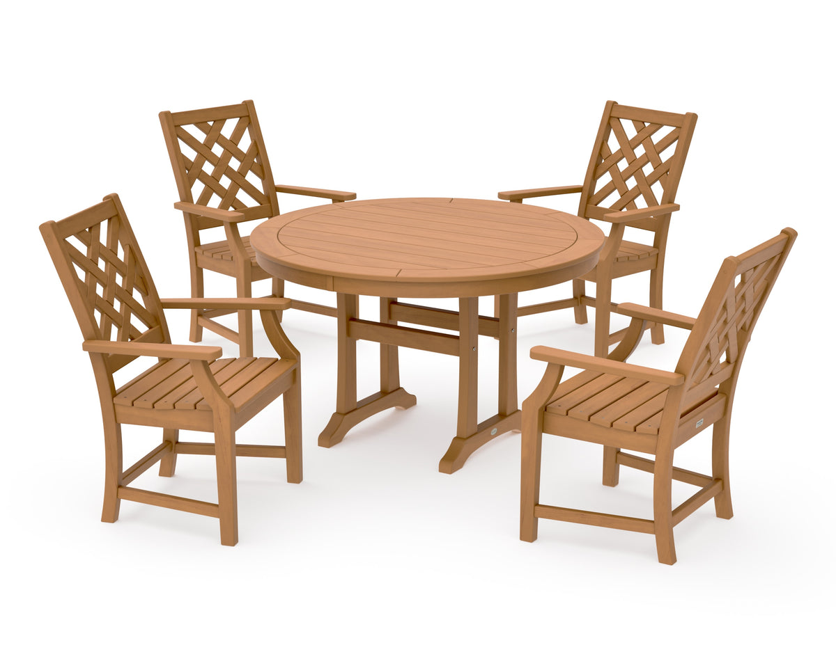 POLYWOOD Wovendale 5-Piece Round Dining Set with Trestle Legs in Natural