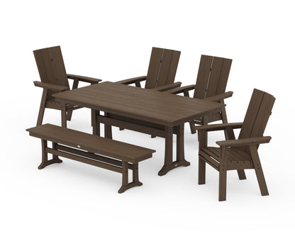 POLYWOOD Modern Curveback Adirondack 6-Piece Farmhouse Dining Set with Trestle Legs and Bench - 37" x 72" Table in Kona