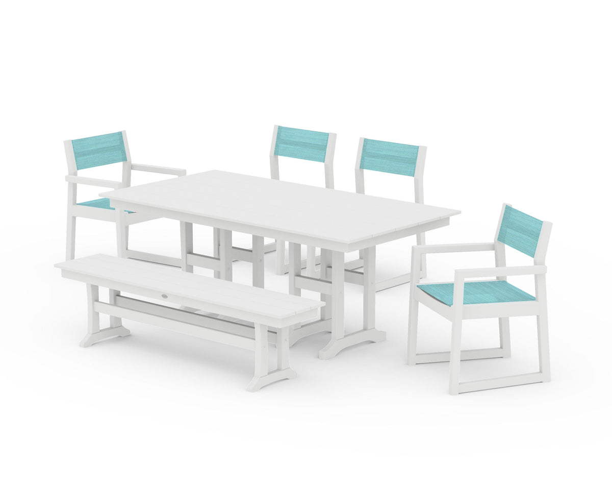 POLYWOOD EDGE Sling 6-Piece Farmhouse Dining Set in White / Dupioni Aquamarine