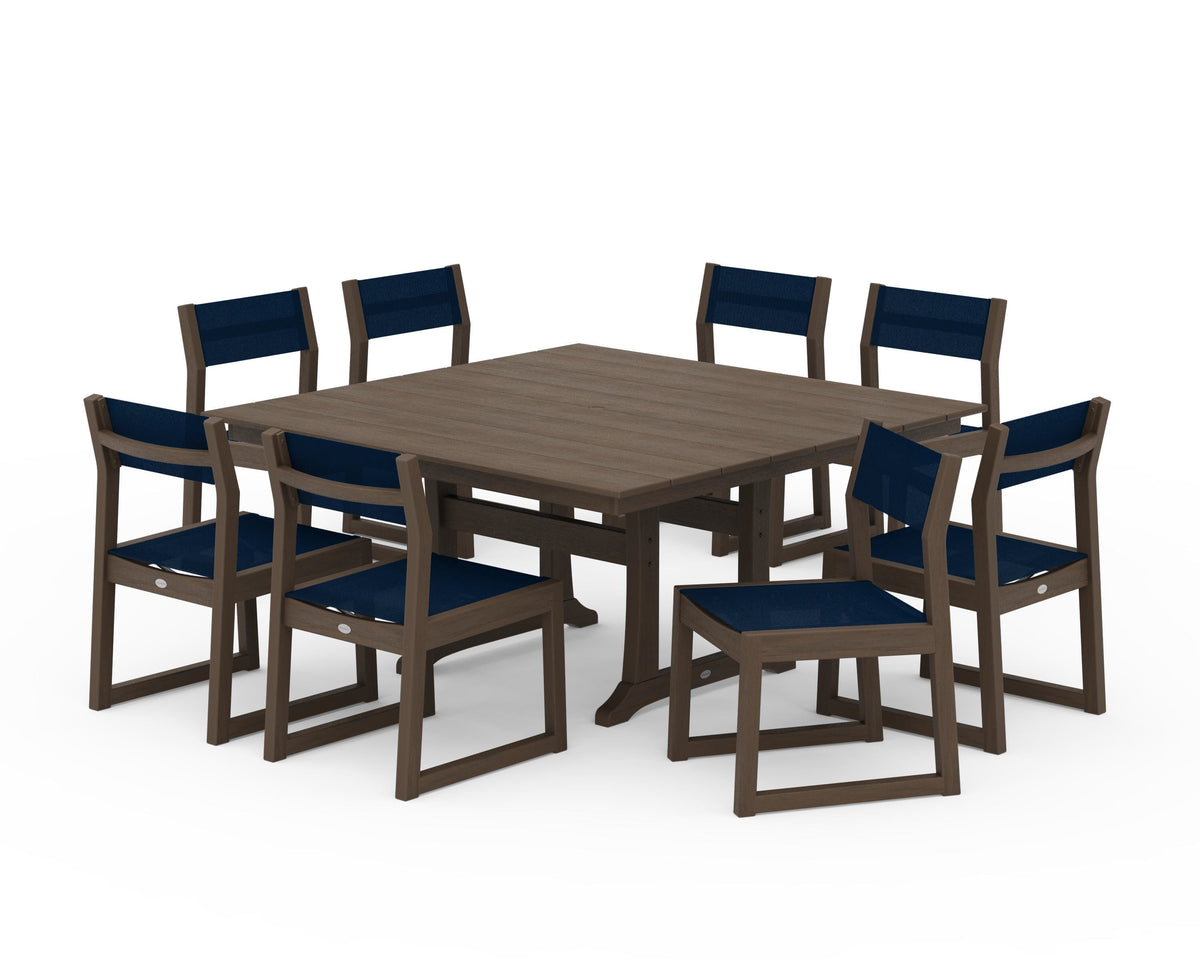 POLYWOOD EDGE Sling Side Chair 9-Piece Farmhouse Trestle Dining Set in Kona / Navy Blue