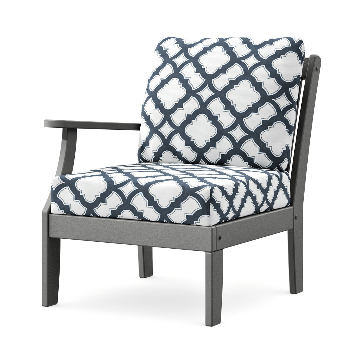 POLYWOOD Braxton Modular Left Arm Chair in Slate Grey / Trellis Marine Indigo