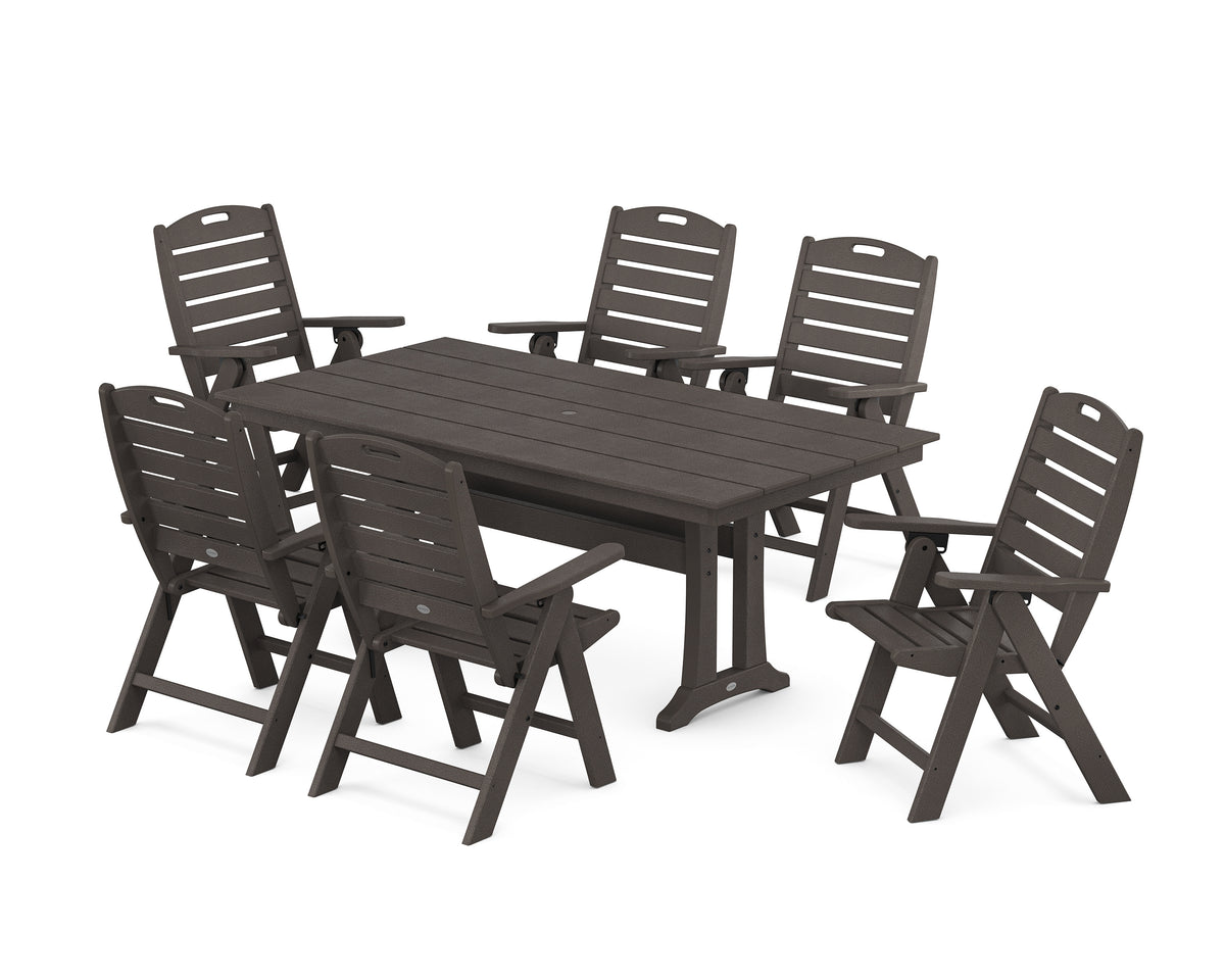 POLYWOOD Nautical Highback 7-Piece Farmhouse Dining Set with Trestle Legs in Vintage Coffee