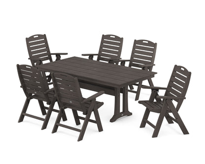 POLYWOOD Nautical Highback 7-Piece Farmhouse Dining Set with Trestle Legs in Vintage Coffee