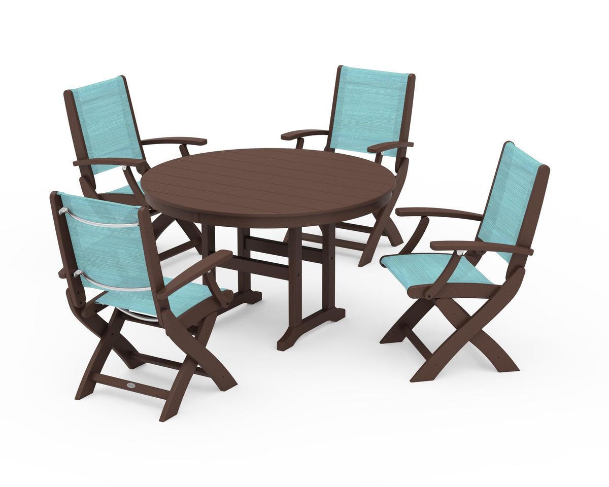 POLYWOOD Coastal Folding Chair 5-Piece Round Dining Set in Mahogany / Dupioni Aquamarine