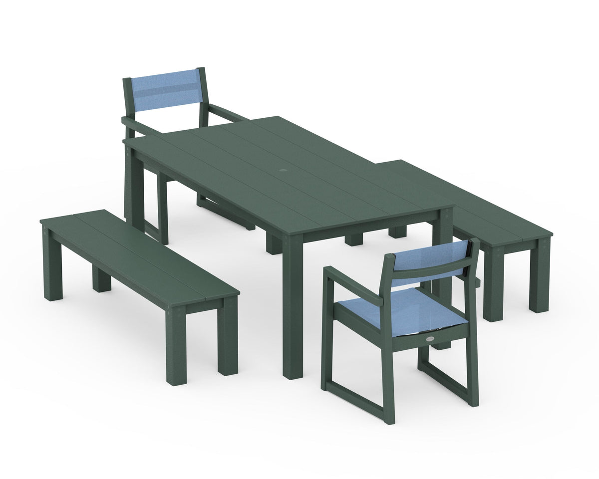 POLYWOOD EDGE Sling Arm Chair 5-Piece Parsons Dining Set with Benches in Green / Poolside