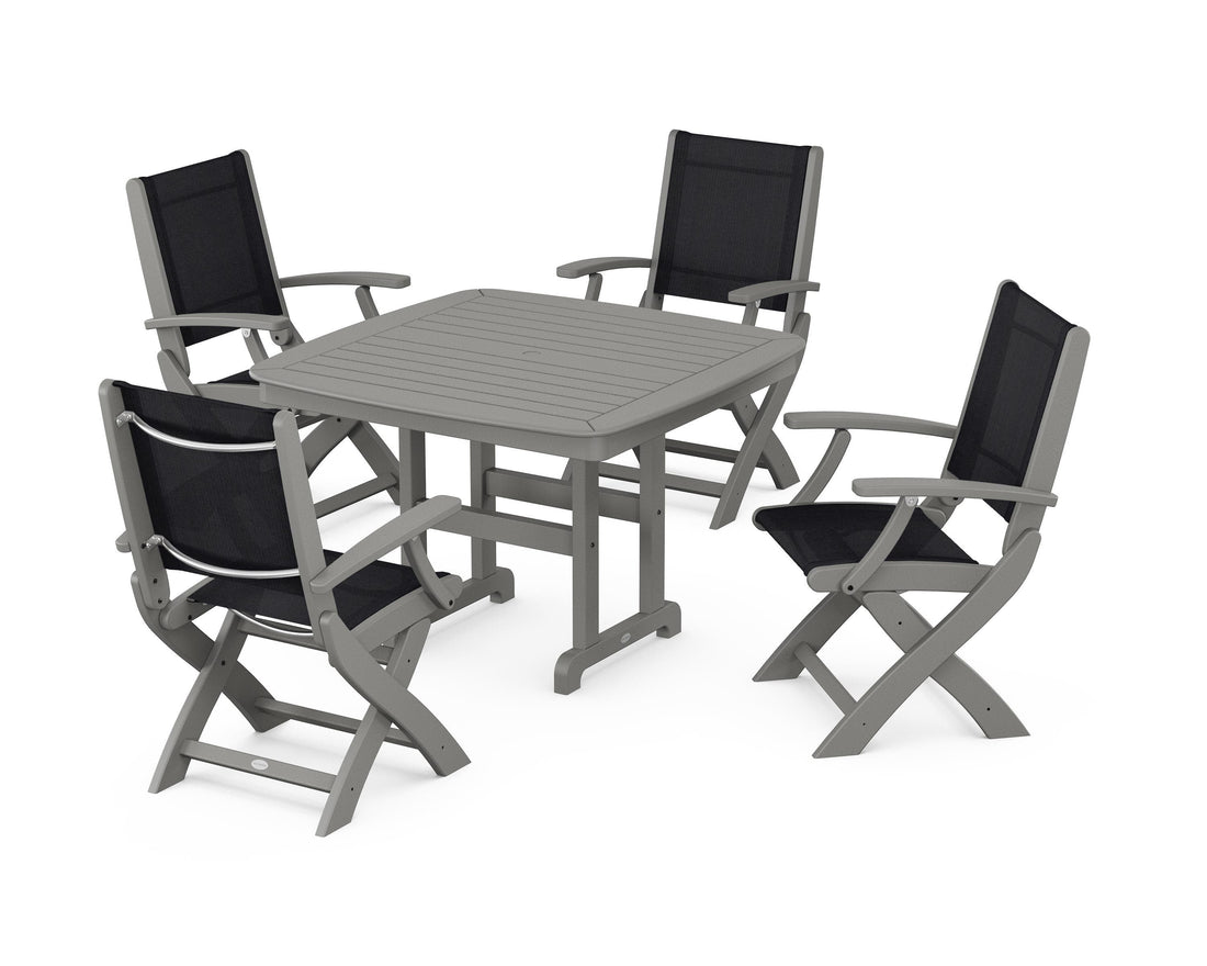 POLYWOOD Coastal Folding Chair 5-Piece Dining Set with Nautical 44" Dining Table in Slate Grey / Black