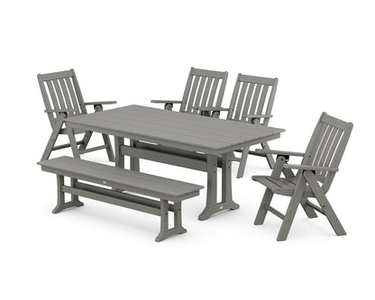 POLYWOOD Vineyard 6-Piece Folding Chair Farmhouse Dining Set with Trestle Legs and Bench in Slate Grey