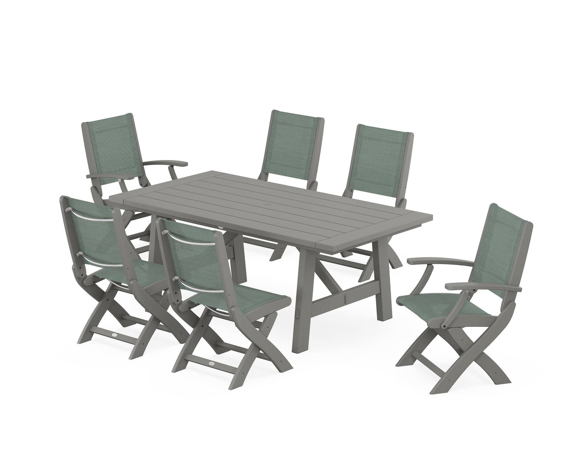 POLYWOOD Coastal Folding Chair 7-Piece Rustic Farmhouse Dining Set in Slate Grey / Dupioni Sea Mist