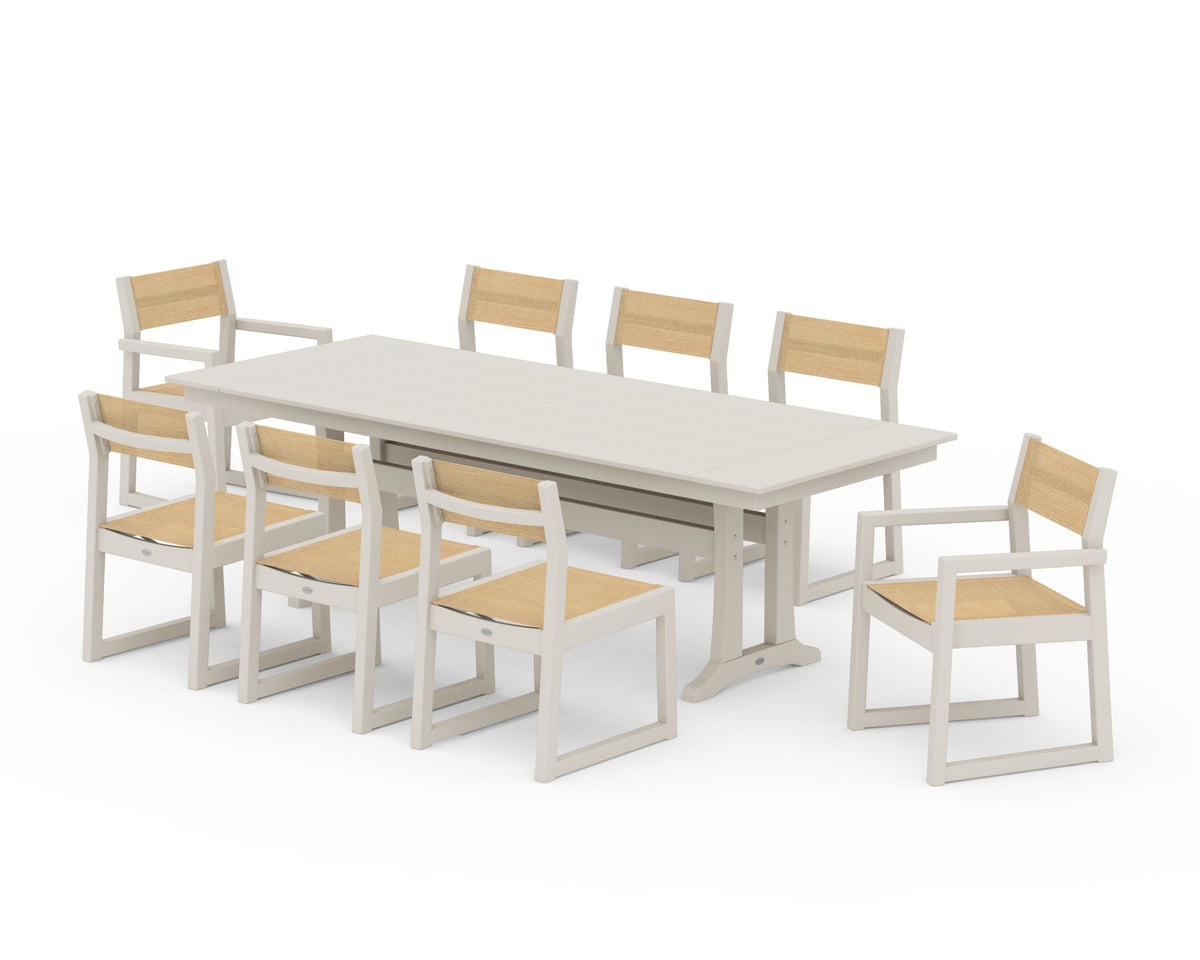 POLYWOOD EDGE Sling 9-Piece Farmhouse Trestle Dining Set in Sand / Dupioni Apricot