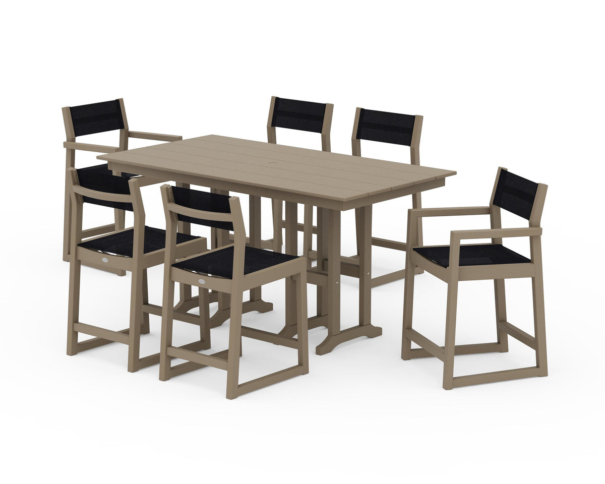 POLYWOOD EDGE Sling 7-Piece Farmhouse Counter Set with Trestle Legs in Vintage Sahara / Black