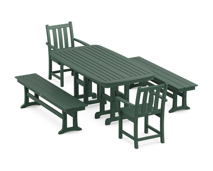 POLYWOOD Traditional Garden 5-Piece Dining Set with Benches - 37" x 72" Table in Green