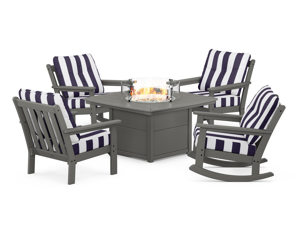 POLYWOOD Vineyard 5-Piece Deep Seating Rocking Chair Conversation Set with Fire Pit Table in Slate Grey / Cabana Stripe Navy