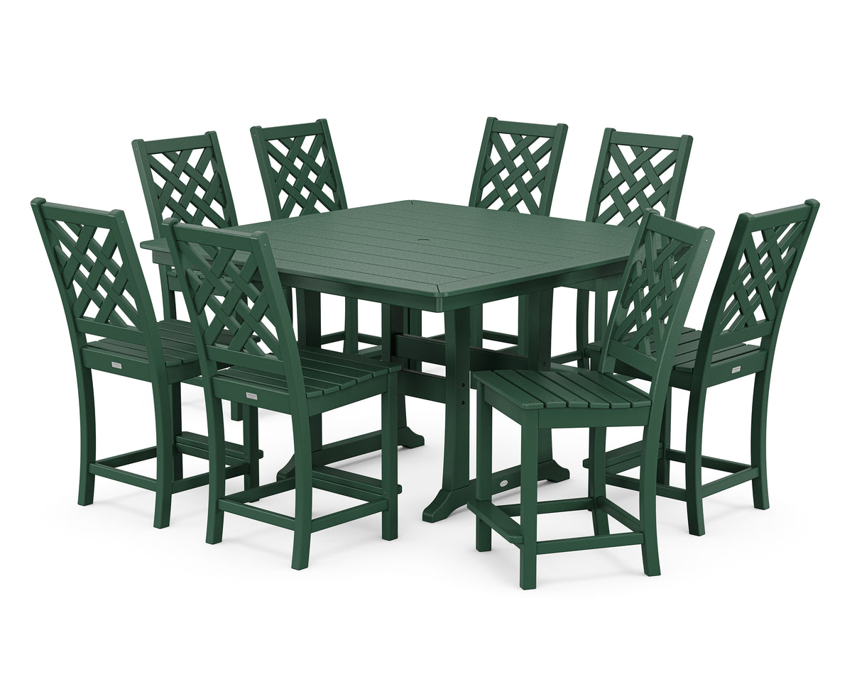 POLYWOOD Country Living Wovendale Side Chair 9-Piece Square Counter Set with Trestle Legs in Green