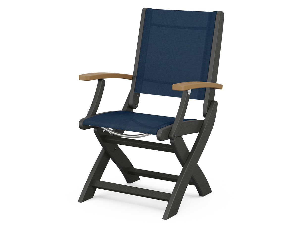 POLYWOOD Coastal Folding Chair in Black with Natural arms and Navy Blue sling