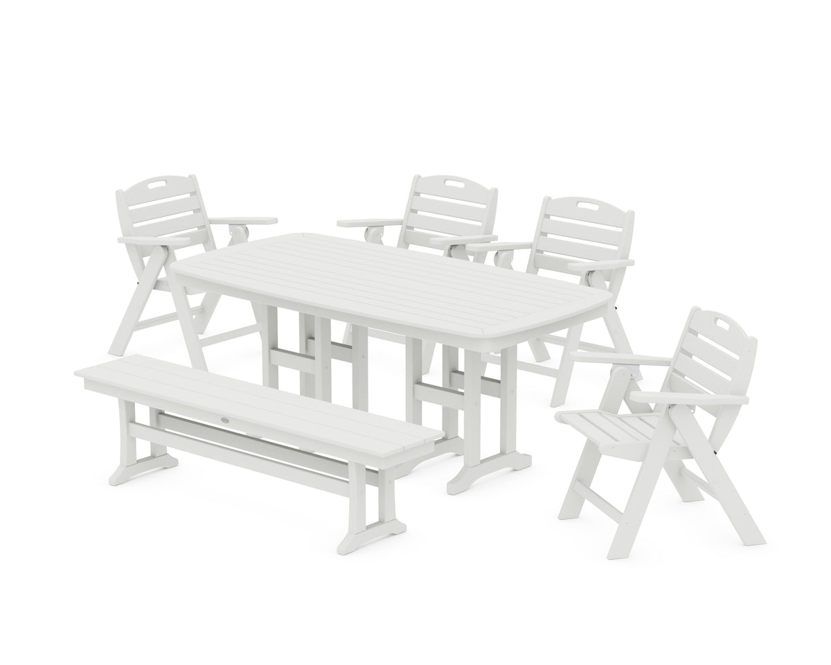 POLYWOOD Nautical Lowback 6-Piece Dining Set with Bench in Vintage White