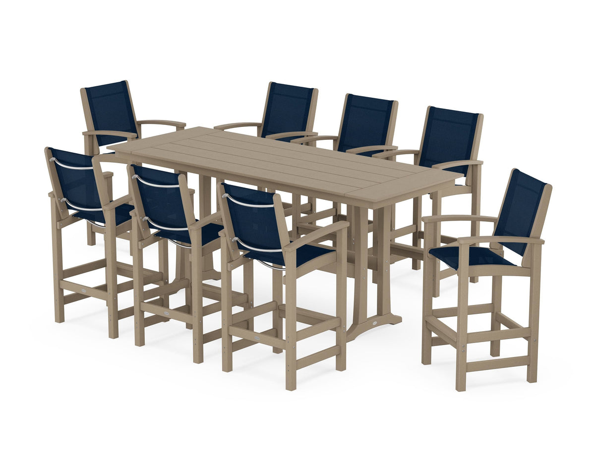 POLYWOOD Coastal 9-Piece Farmhouse Bar Set with Trestle Legs in Vintage Sahara / Navy Blue