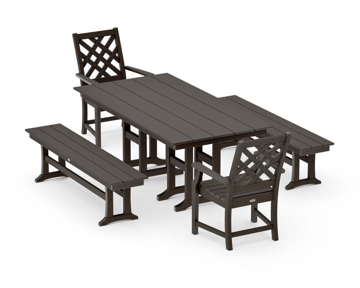 POLYWOOD Wovendale 5-Piece Farmhouse Dining Set with Benches in Vintage Coffee