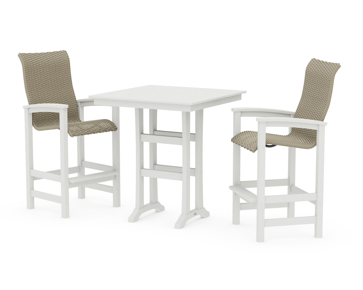POLYWOOD Coastal Woven High-Back 3-Piece Farmhouse Bar Set with Trestle Legs in White / Dune Grass