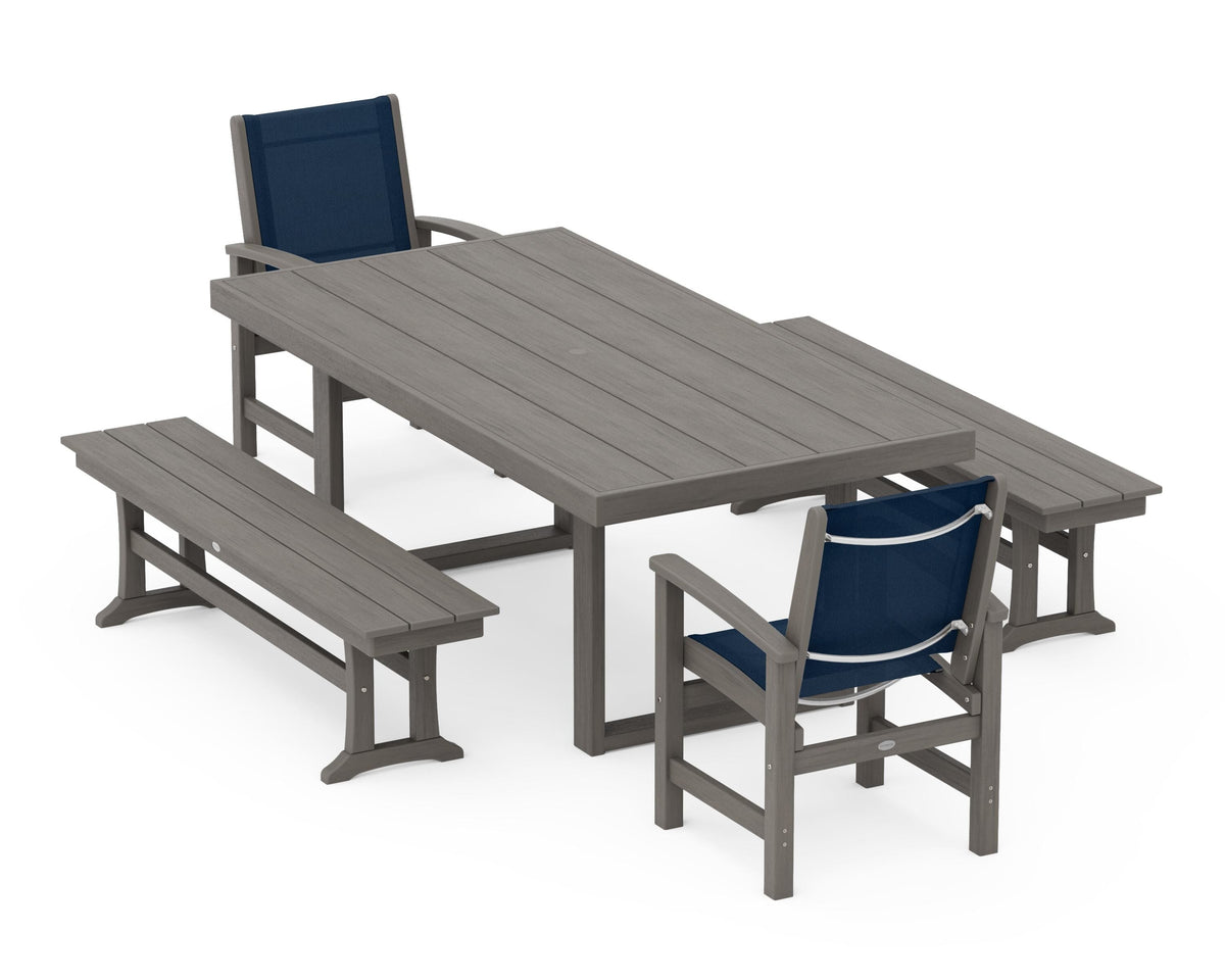 POLYWOOD Coastal 5-Piece Dining Set with Trestle Legs with EDGE 40" x 78" Dining Table in Driftwood / Navy Blue