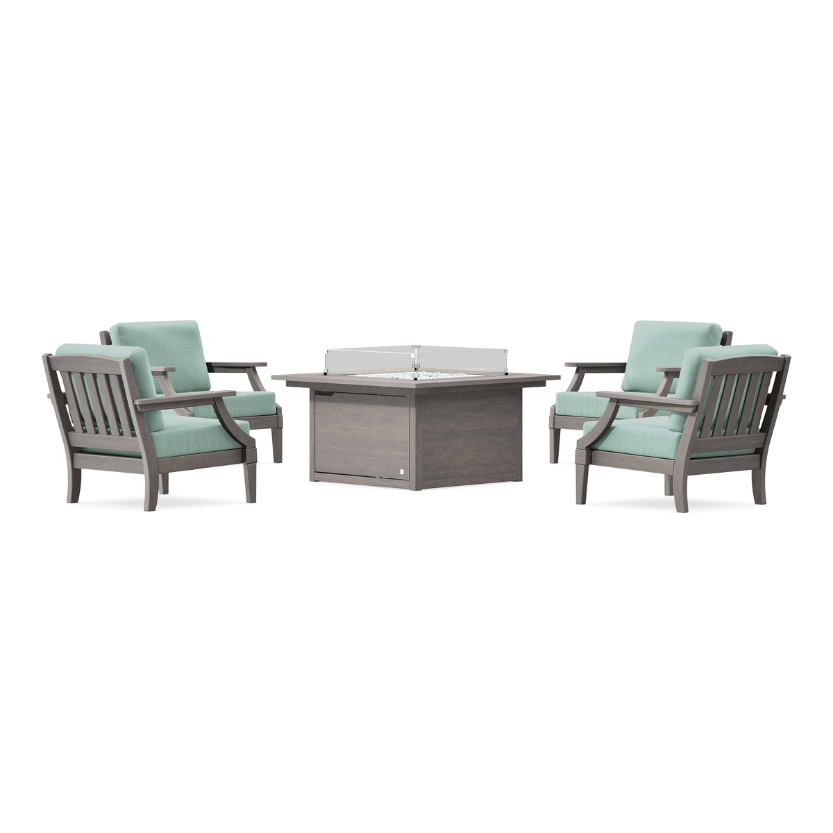 POLYWOOD PW Designer Series Estate 5-Piece Lounge Fire Table Set in Driftwood / Glacier Spa