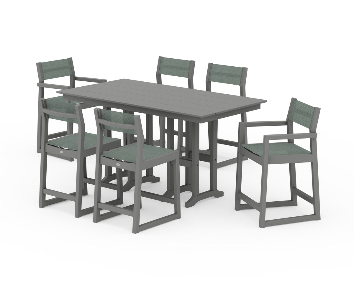 POLYWOOD EDGE Sling 7-Piece Farmhouse Counter Set with Trestle Legs in Slate Grey / Dupioni Sea Mist