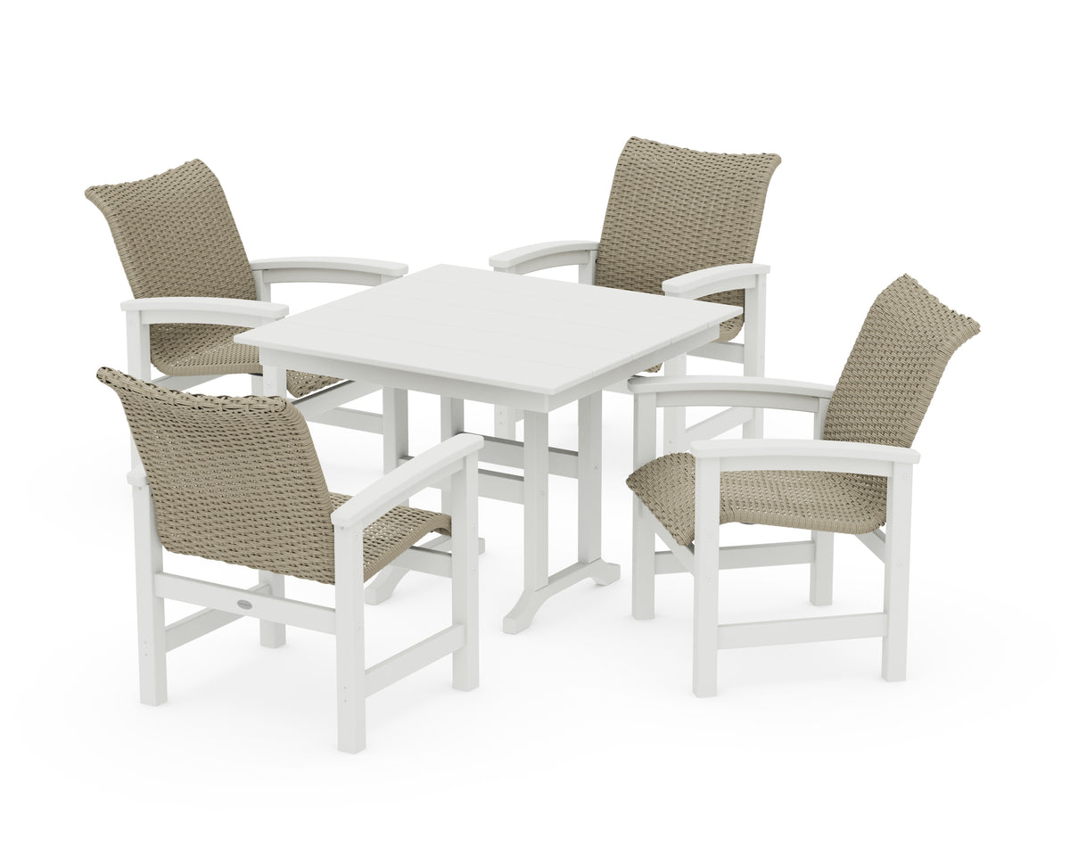 POLYWOOD Coastal Woven 5-Piece Farmhouse Dining Set in Vintage White / Dune Grass
