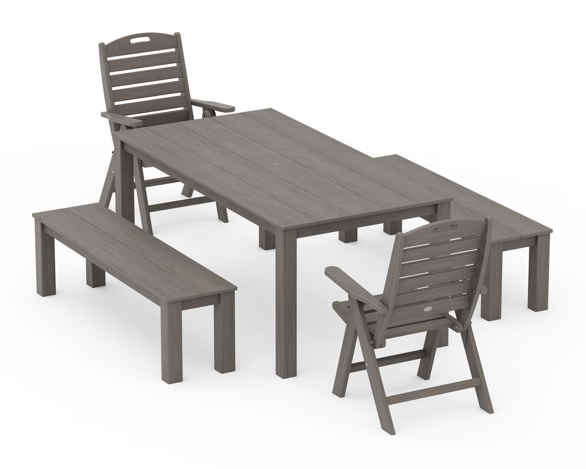 POLYWOOD Nautical Folding Highback Chair 5-Piece Parsons Dining Set with Benches in Driftwood