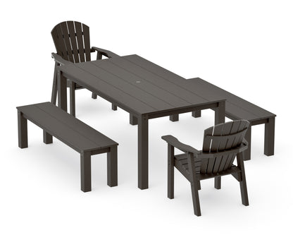 POLYWOOD Seashell 5-Piece Parsons Dining Set with Benches in Vintage Coffee