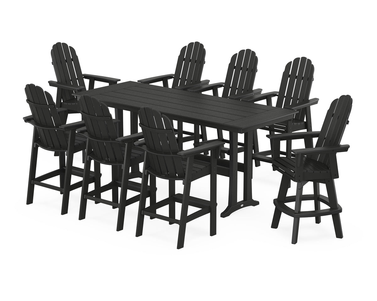 POLYWOOD Vineyard Curveback Adirondack Swivel 9-Piece Farmhouse Bar Set with Trestle Legs in Black