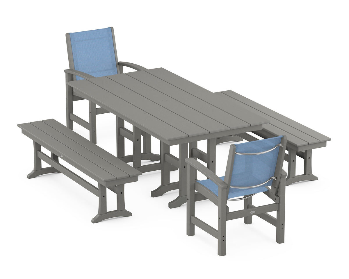 POLYWOOD Coastal 5-Piece Farmhouse Dining Set with Farmhouse 37" x 72" Dining Table in Slate Grey / Poolside