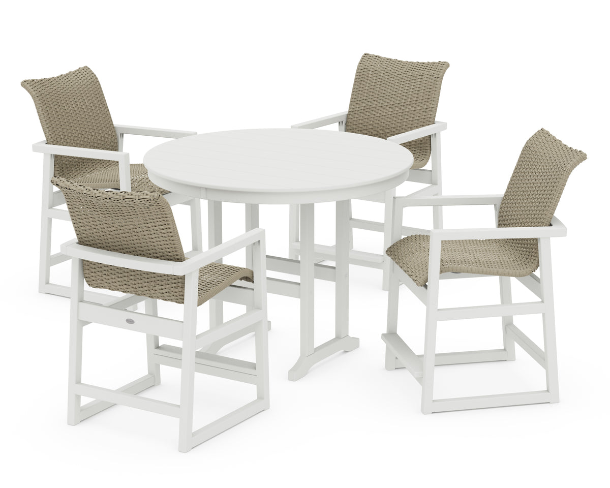 POLYWOOD EDGE Woven 5-Piece Round Farmhouse Counter Set in Vintage White / Dune Grass