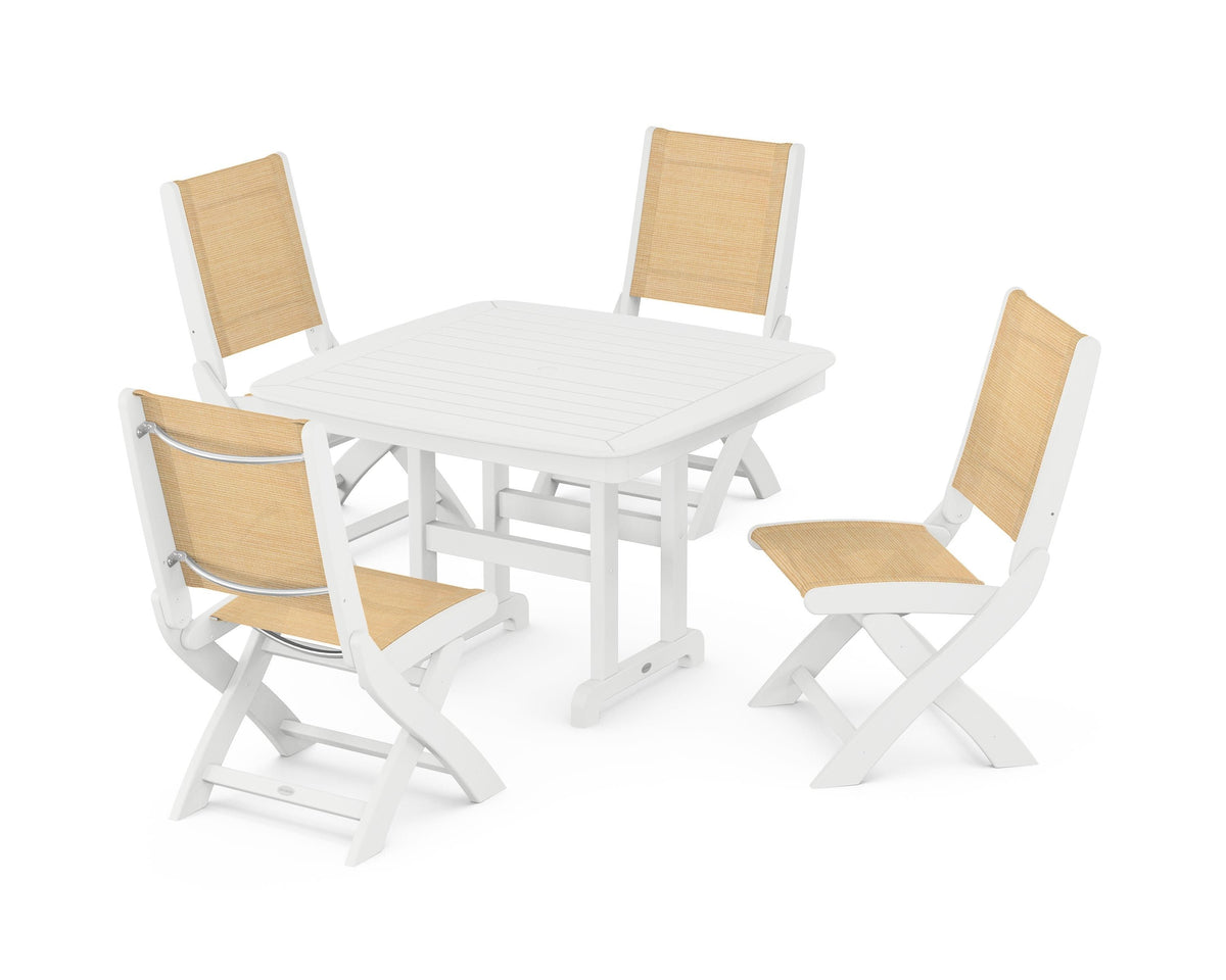 POLYWOOD Coastal Folding Side Chair 5-Piece Dining Set with Nautical 44" Dining Table in White / Dupioni Apricot