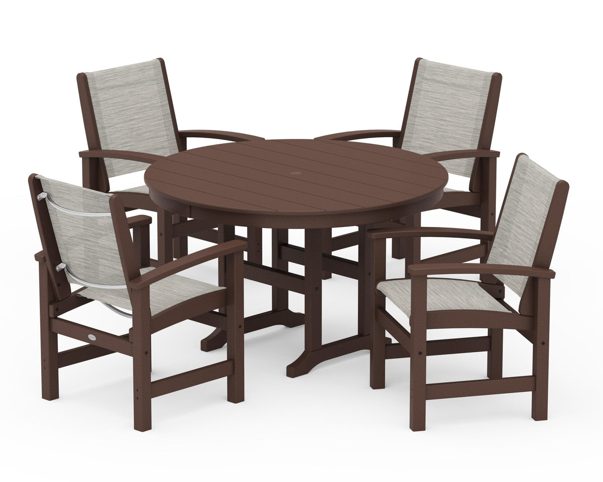 POLYWOOD Coastal 5-Piece Round Farmhouse Dining Set in Mahogany / Birch