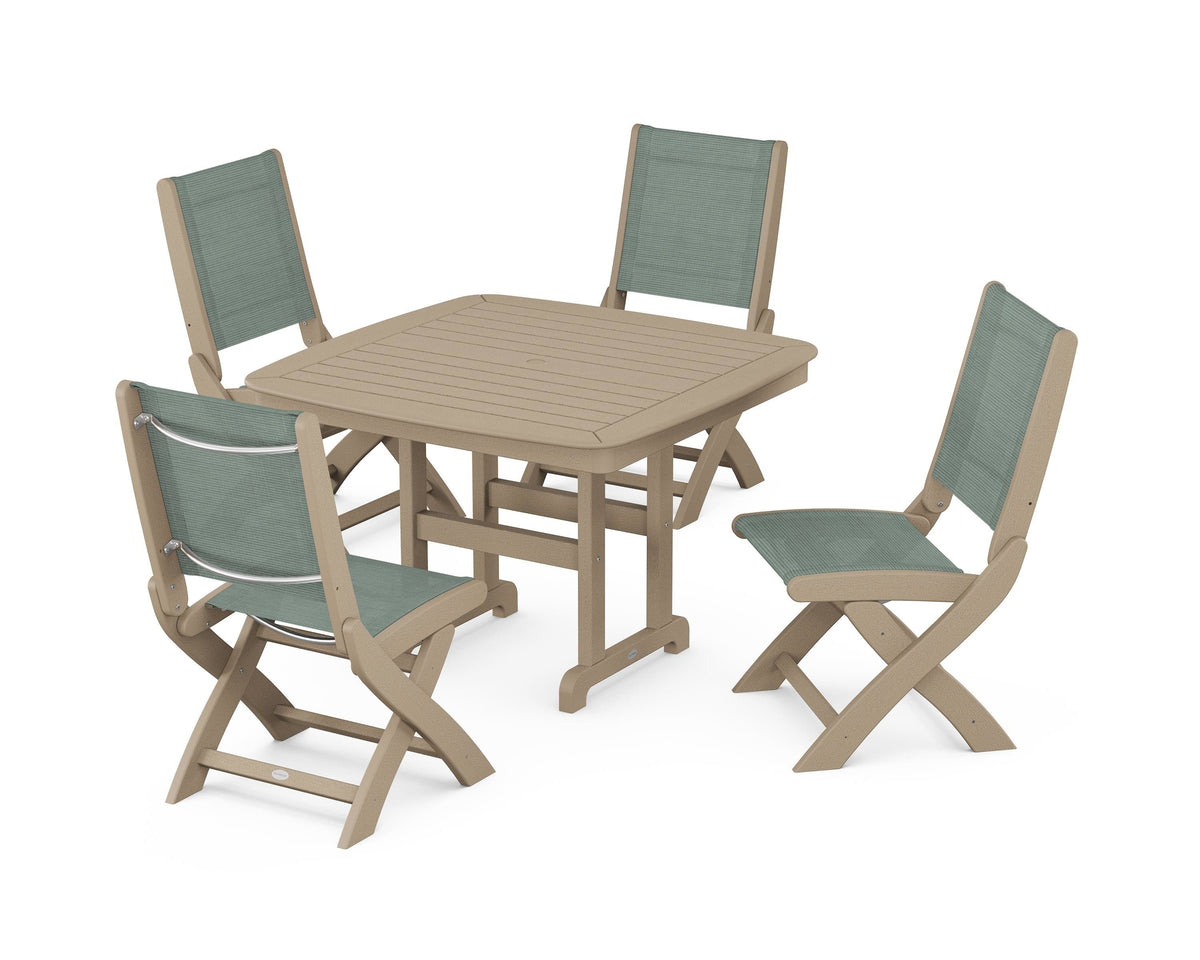POLYWOOD Coastal Folding Side Chair 5-Piece Dining Set with Nautical 44" Dining Table in Vintage Sahara / Dupioni Sea Mist