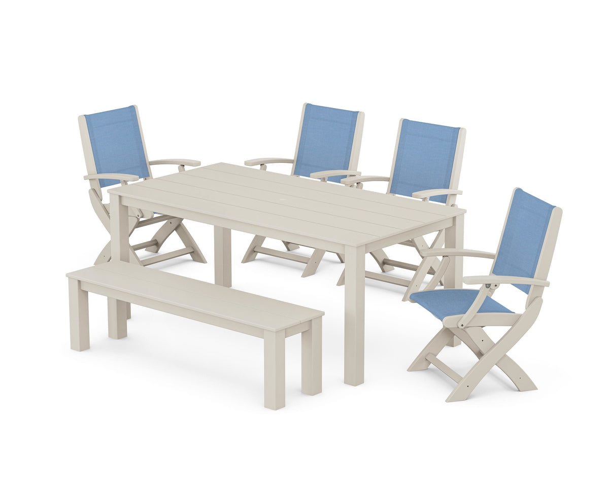 POLYWOOD Coastal Folding Chair 6-Piece Parsons Dining Set with Bench in Sand / Poolside