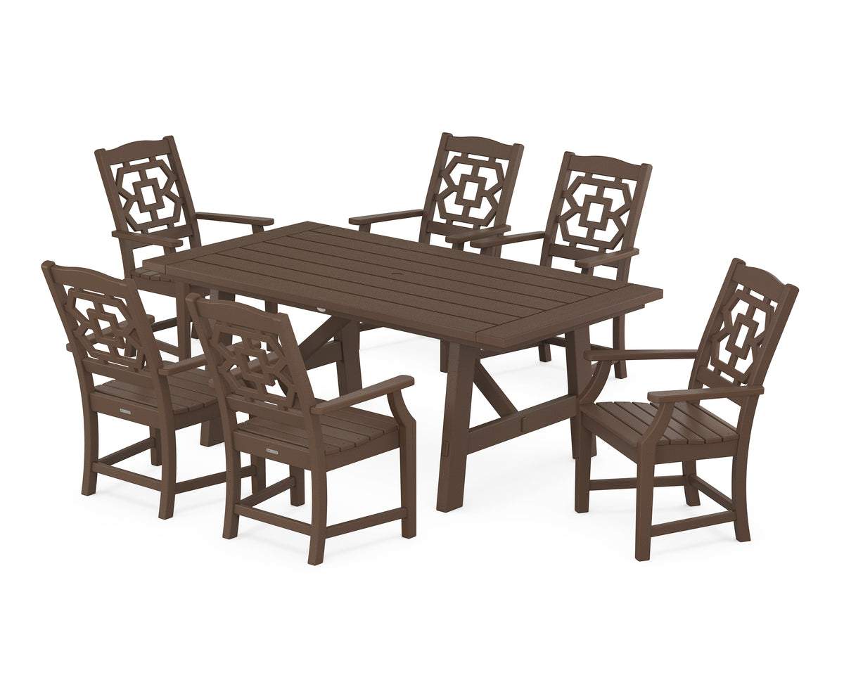 POLYWOOD Chinoiserie Arm Chair 7-Piece Rustic Farmhouse Dining Set in Mahogany