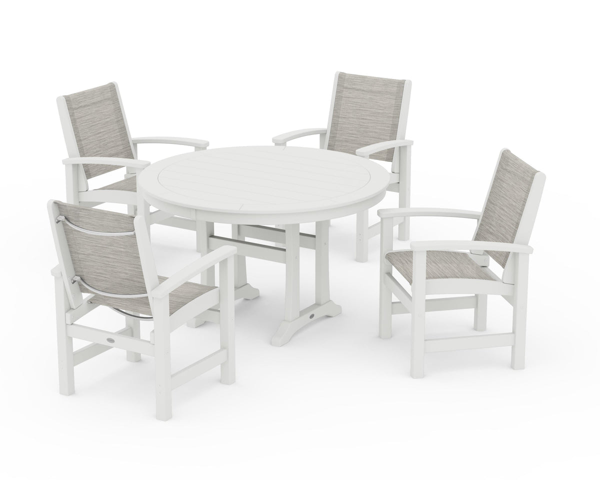 POLYWOOD Coastal 5-Piece Round Dining Set with Trestle Legs in Vintage White / Birch
