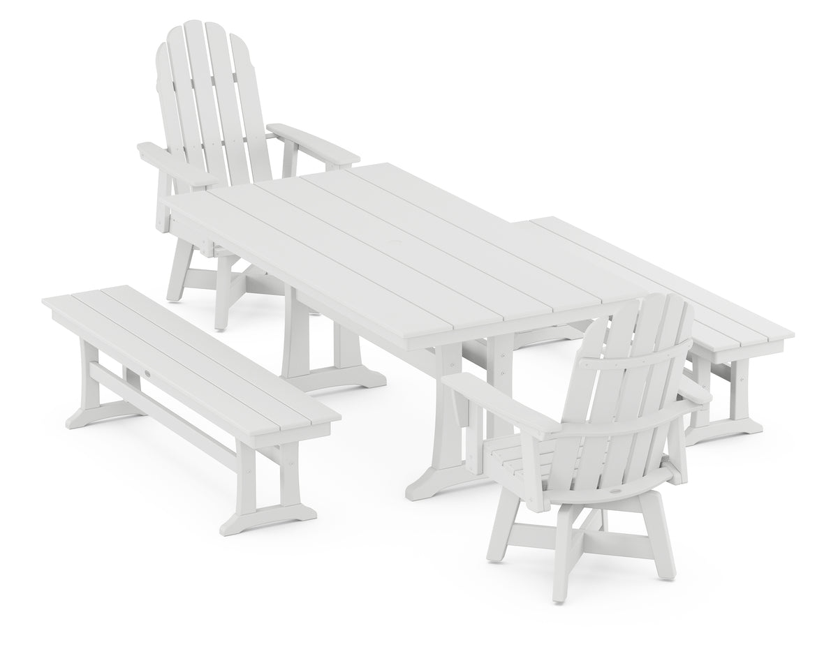 POLYWOOD Vineyard Curveback Adirondack Swivel Chair 5-Piece Farmhouse Dining Set with Trestle Legs and Benches in White