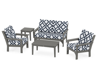 POLYWOOD Vineyard 5-Piece Deep Seating Set with Two Chairs and Loveseat in Slate Grey / Trellis Marine Indigo