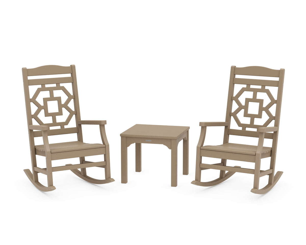 POLYWOOD Chinoiserie 3-Piece Rocking Chair Set in Vintage Sahara