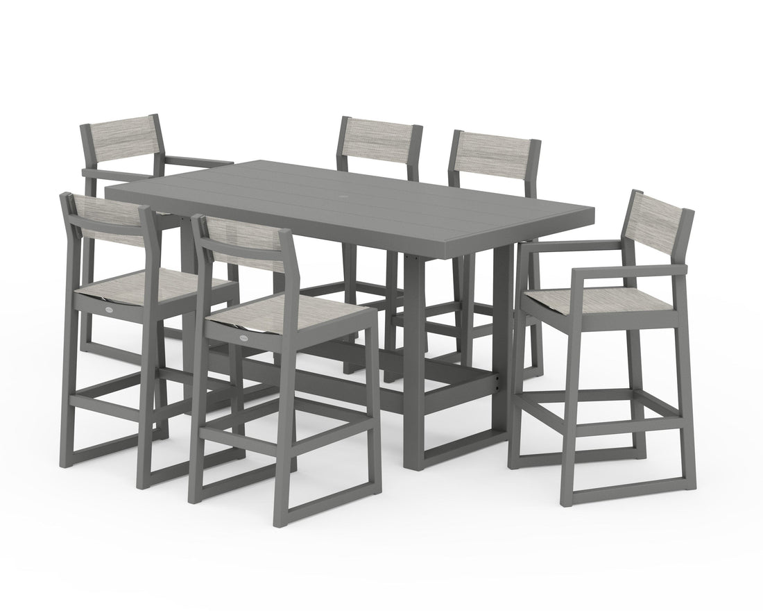 POLYWOOD EDGE Sling 7-Piece Bar Table Set in Slate Grey / Birch