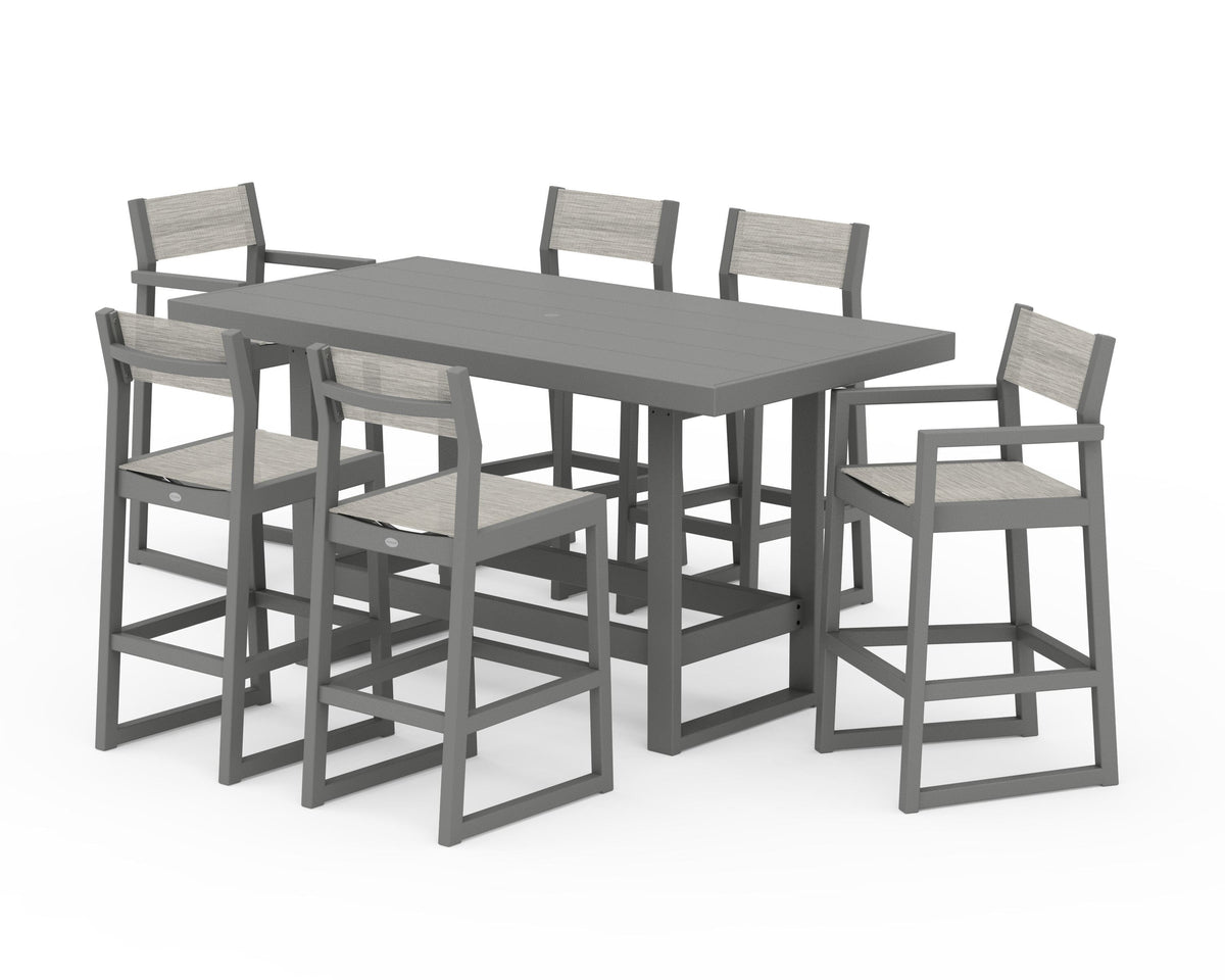 POLYWOOD EDGE Sling 7-Piece Bar Table Set in Slate Grey / Birch