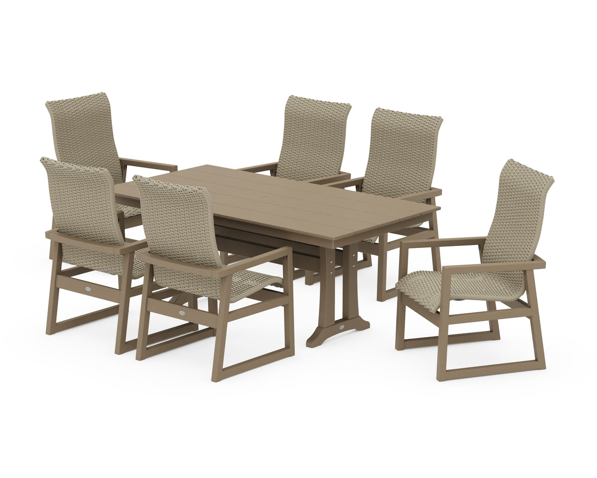 POLYWOOD EDGE Woven High-Back Arm Chair 7-Piece Farmhouse Dining Set with Trestle Legs in Vintage Sahara / Dune Grass