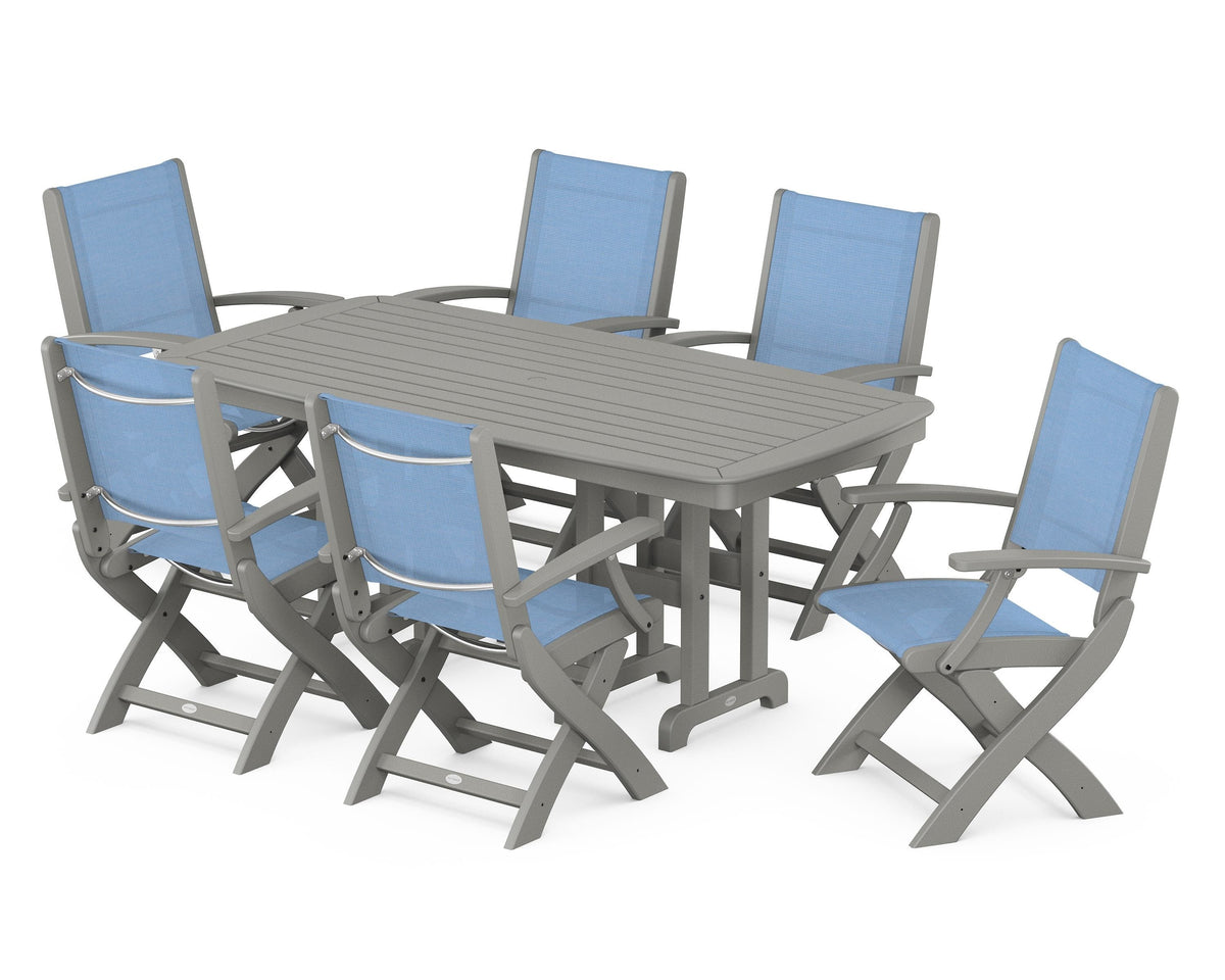 POLYWOOD Coastal Folding Arm Chair 7-Piece Dining Set in Slate Grey / Poolside