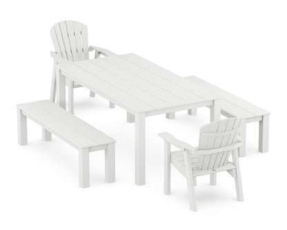 POLYWOOD Seashell 5-Piece Parsons Dining Set with Benches in White