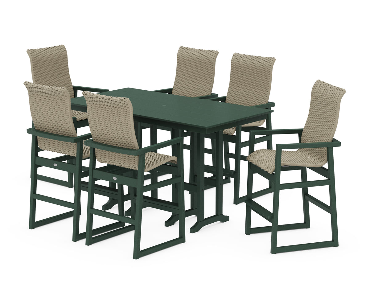 POLYWOOD EDGE Woven Highback Arm Chair 7-Piece Farmhouse Bar Set in Green / Dune Grass