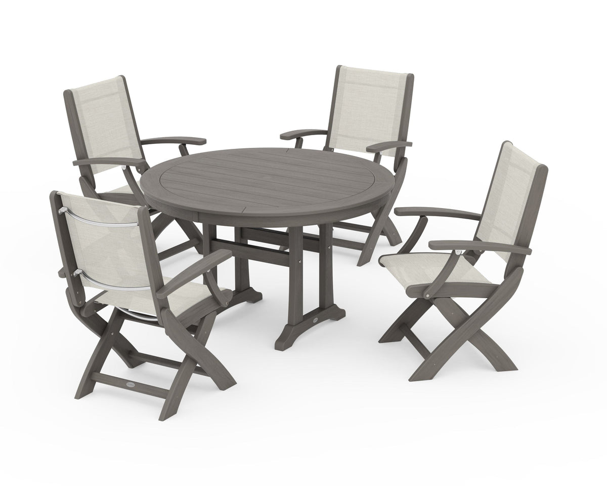 POLYWOOD Coastal Folding Chair 5-Piece Round Dining Set with Trestle Legs in Driftwood / Parchment