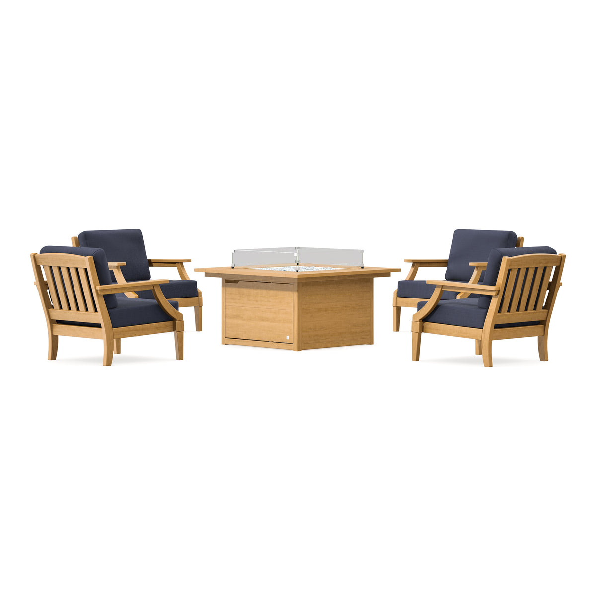 POLYWOOD PW Designer Series Estate 5-Piece Lounge Fire Table Set in Natural / Navy Linen