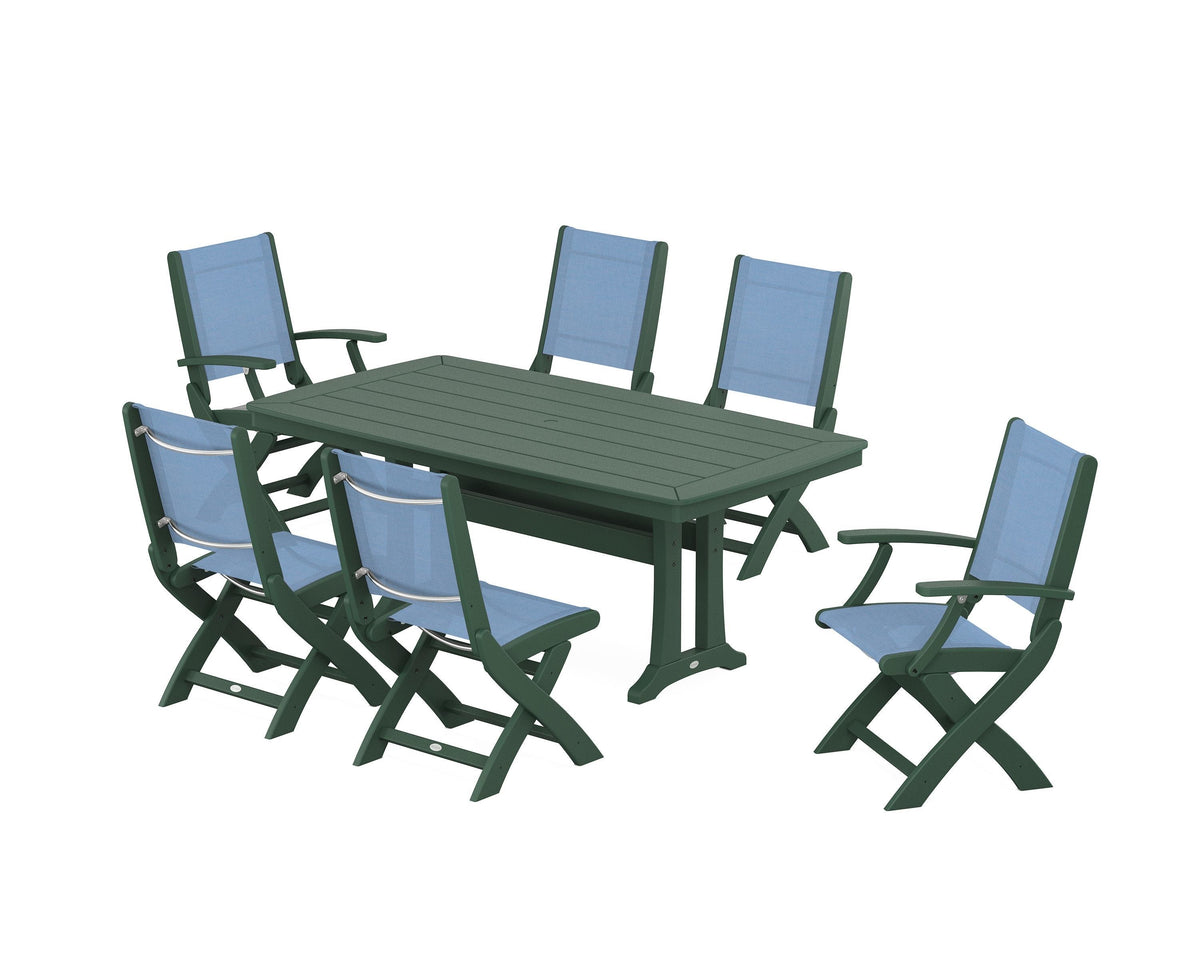 POLYWOOD Coastal Folding Chair 7-Piece Dining Set with Trestle Legs with Nautical Trestle 38" x 73" Dining Table in Green / Poolside