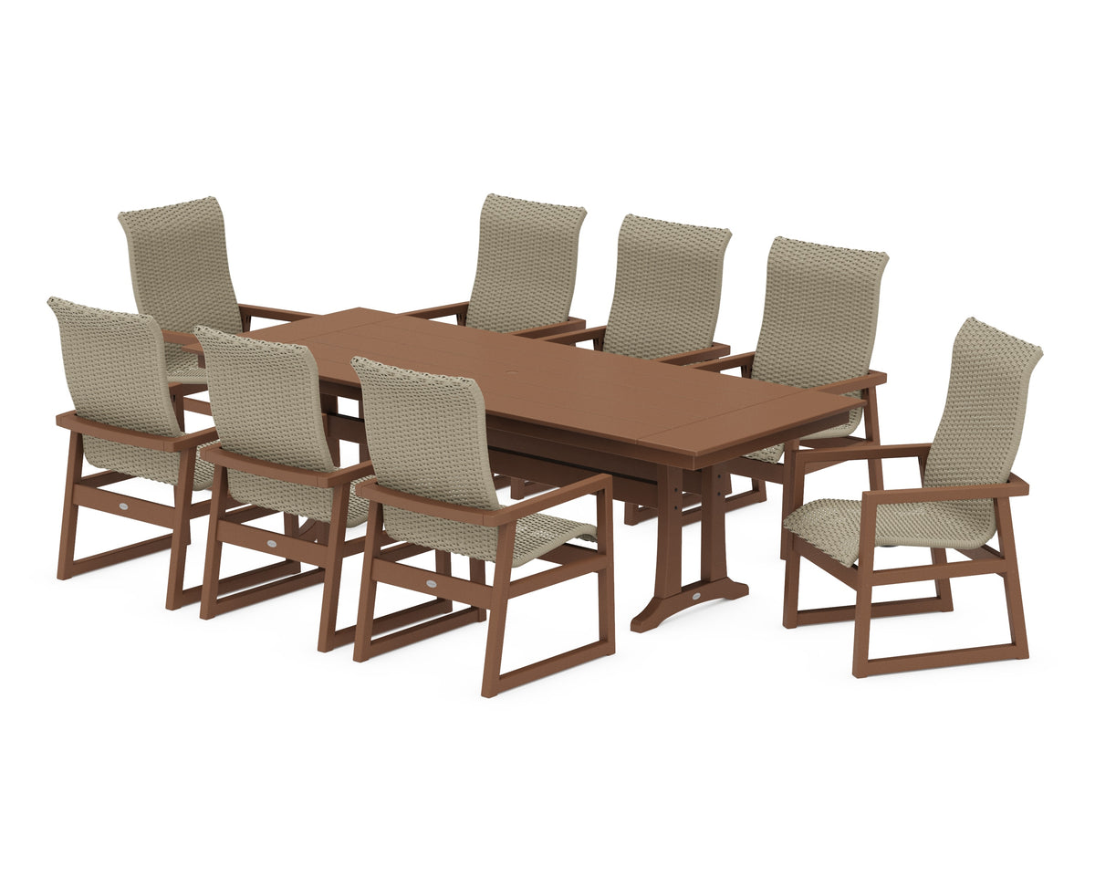 POLYWOOD EDGE Woven High-Back 9-Piece Farmhouse Dining Set with Trestle Legs in Teak / Dune Grass